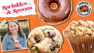 Sprinkles and Spoons screen Graphic for Sprinkles & Spoons, featured purveyor at Pronto, with photo of founder and products