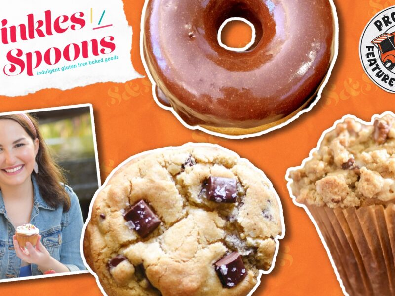 Graphic for Sprinkles & Spoons, featured purveyor at Pronto, with photo of founder and products