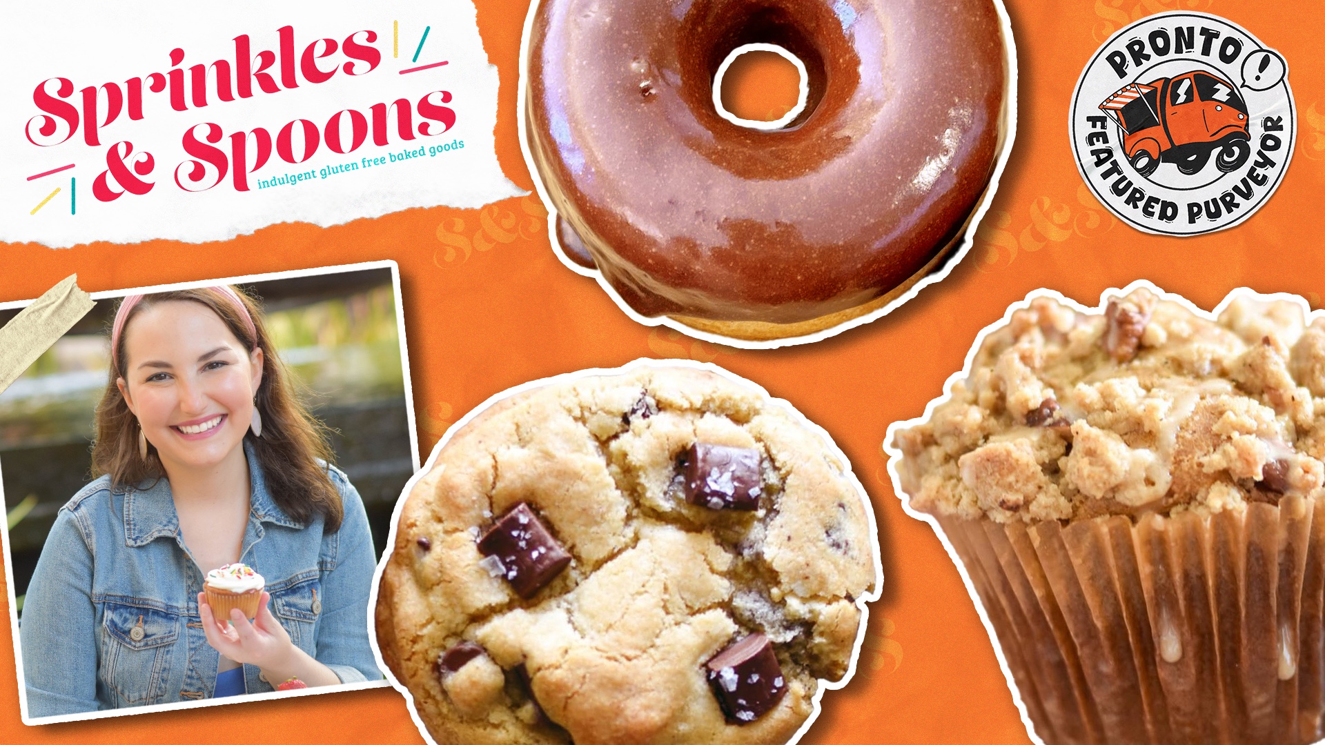Sprinkles and Spoons screen Graphic for Sprinkles & Spoons, featured purveyor at Pronto, with photo of founder and products