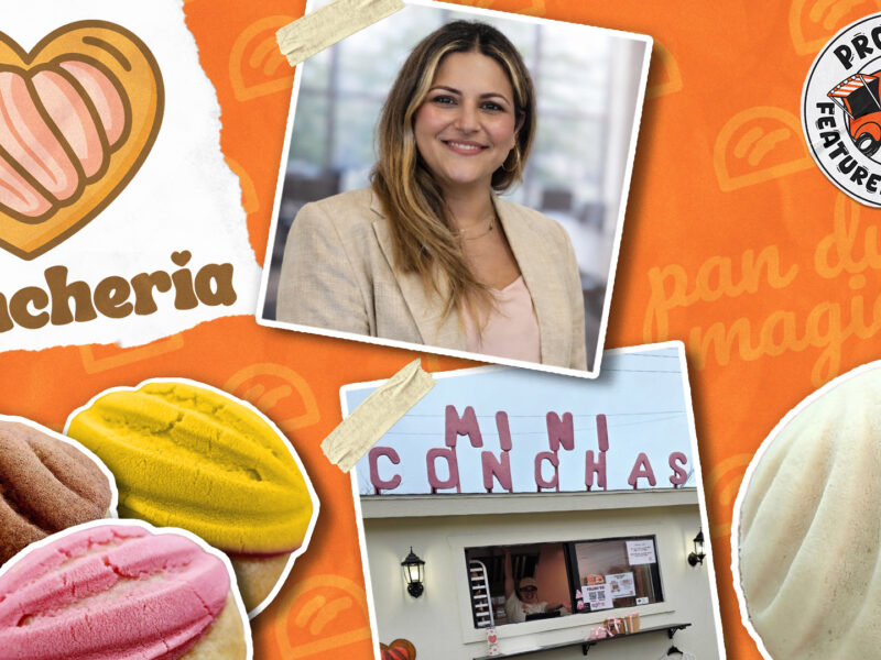 Graphic for La Concheria, featured purveyor at Pronto, with photos of the founder and products