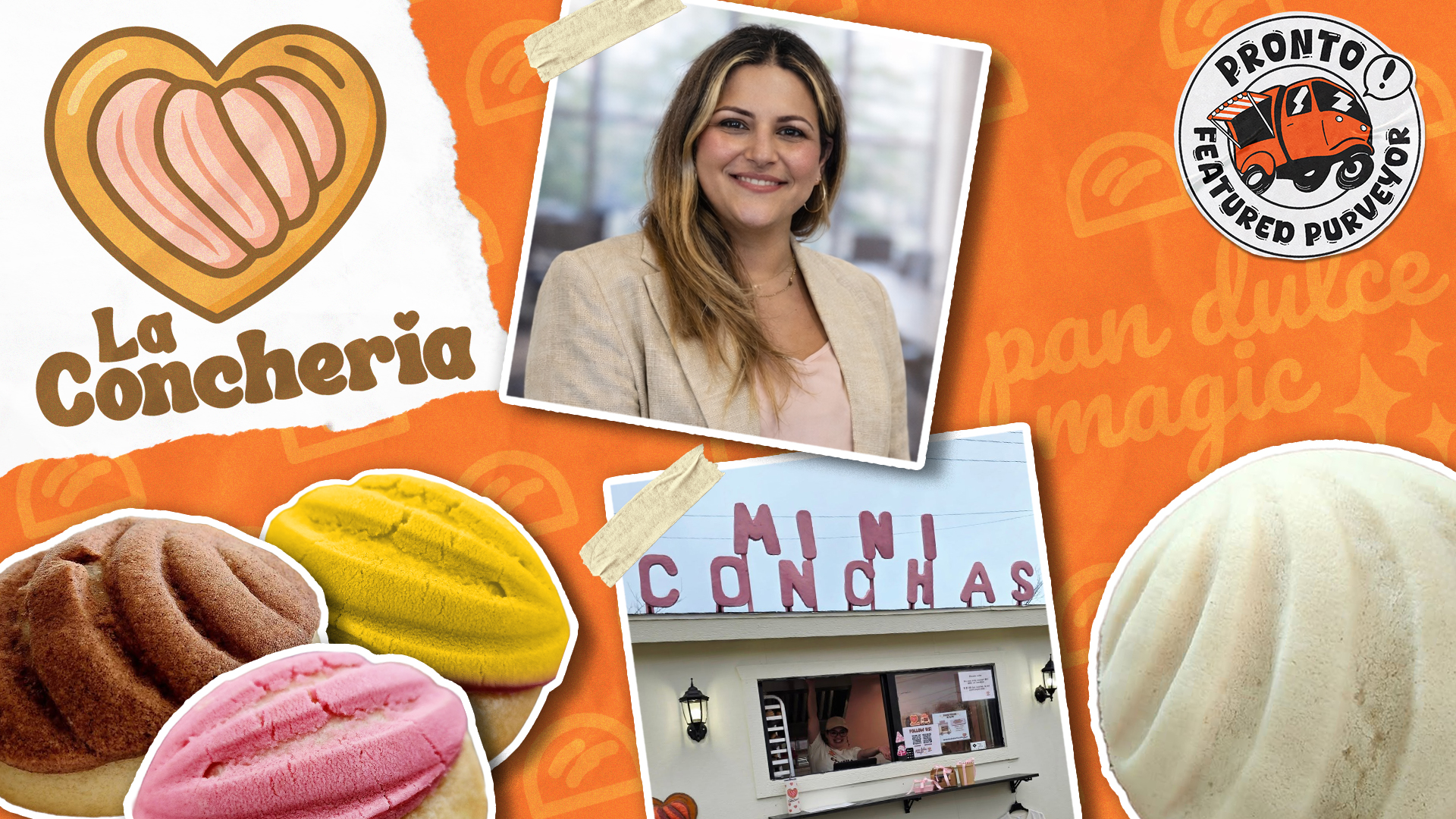 Graphic for La Concheria, featured purveyor at Pronto, with photos of the founder and products