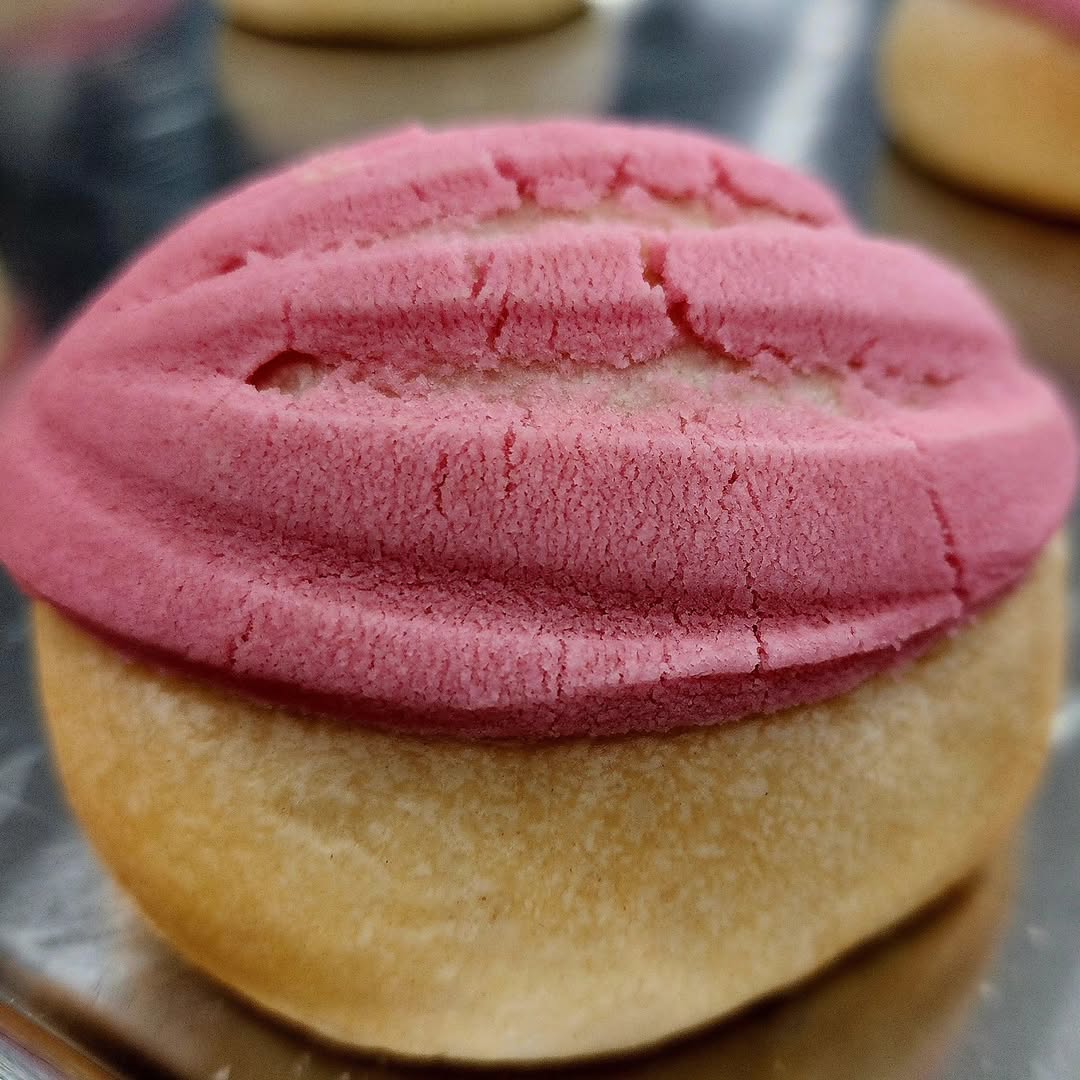 Closeup of a freshly baked pink concha by La Concheria